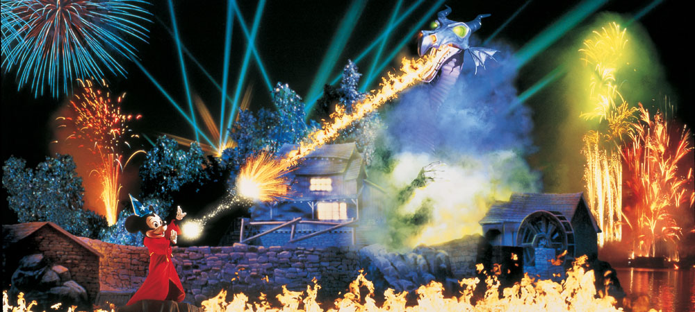 Mickey Battles a Fire-Breathing Dragon in Fantasmic!