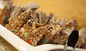 Chocolate-flavored rice crispy confections.