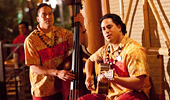 Close up on musicians performing.