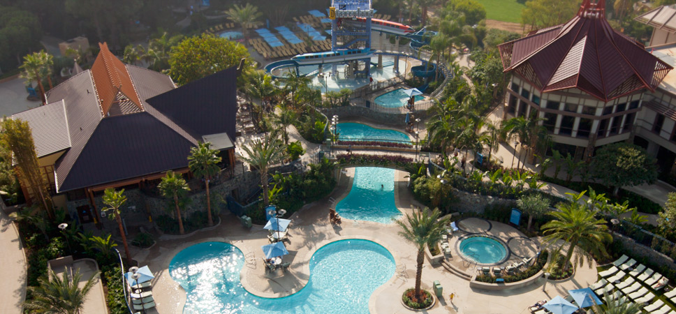 A very high aerial view of the Disneyland Hotel pool area.