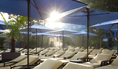 Rows of lounges beneath sun umbrellas.