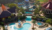 A very high aerial view of the Disneyland Hotel pool area.