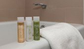 Guest-size bottles of shampoo, conditioner and body butter.