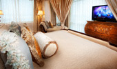 How convenient, the TV is positioned at the foot of the decadent bed.