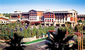 Aerial shot of parking lot and hotel entrance