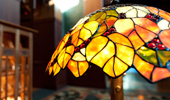 Close up on a hand-crafted glass lamp shade inspired by leaves glowing in golden California sunlight.