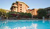 From the water level, see the rising Resort hotel.