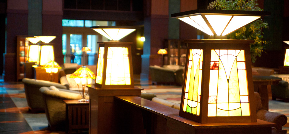 Close up on stained glass table lamps inspired by architect, Frank Lloyd Wright.