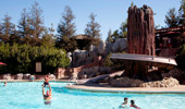Wide shot with the water slide and people playing in the Redwood Pool.