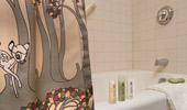 Close up on shower curtain detail of Bambi