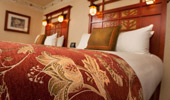 Close up on bedspread detail of elegant gold roses