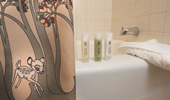 Close up on shower curtain detail of Bambi